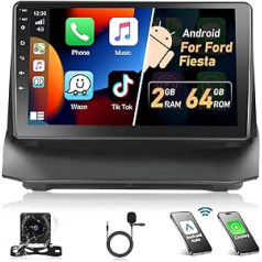 Podofo 2+64G Autoradio für Ford Fiesta 2009-2014 ar Wireless Apple Carplay, 9 Zoll Android 13 Auto Radio un Bildschirm, Bluetooth, HiFi, Android Auto, WLAN, GPS, RDS + Rückfahrkamera un mikrofons