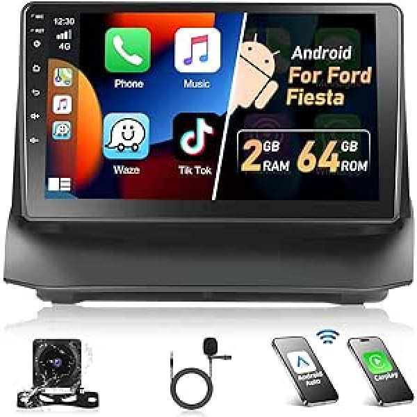 Podofo 2+64G Autoradio für Ford Fiesta 2009-2014 ar Wireless Apple Carplay, 9 Zoll Android 13 Auto Radio un Bildschirm, Bluetooth, HiFi, Android Auto, WLAN, GPS, RDS + Rückfahrkamera un mikrofons