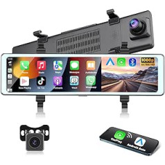 Podofo Mirror Dash Cam ar bezvadu Apple Carplay, Android automašīna ar HD atpakaļskata kameru, 11,26 collu IPS skārienekrāna dubultā 1080P atpakaļskata spogulis, Dash Cam automašīna, 2 sadalīti ekrāni, Bluetooth