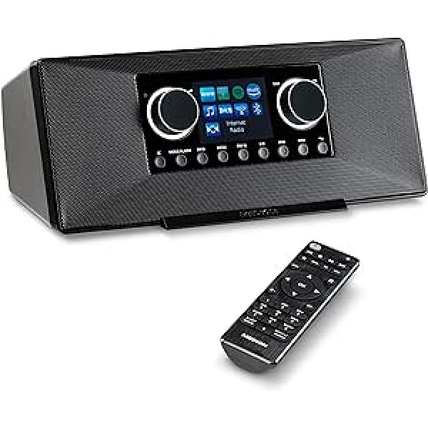 Interneta radio MEDION P85333 ar DAB+ (WLAN, FM, Spotify Connect, Amazon Music, DLNA, USB, austiņu ligzda, AUX, stereo līnijas izvades zvans, miega taimeris) Melns