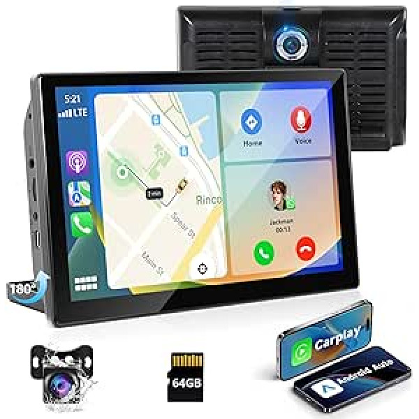 Podofo 4K priekšējā paneļa kamera ar bezvadu CarPlay/Android automašīnu, 9 collu pārnēsājams automašīnas radio skārienekrāns ar ADAS/Mirror Link/BT/GPS/Siri + atpakaļgaitas kamera + 64 GB karte + 15 m atpakaļgaitas pagarinātāja kabelis