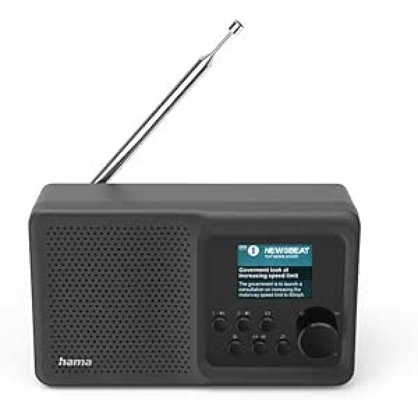 Hama DAB radio digitālais radio ar Bluetooth un akumulatoru DR5BT (portatīvā kaste, mobilais radio ar DAB/DAB+/FM, krāsains displejs, vienkārša darbība, USB-C, 8 stundu atskaņošanas laiks, mazs, Aux) Melns