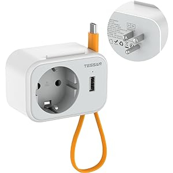 TESSAN adapteris ASV, Vācija, spraudnis, ASV adapteris ar 15 cm USB C kabeli, 3 in 1 ceļojumu adapteris ASV, B tipa ceļojumu adapteris Meksikai, Amerikas ligzdas adapteris ar 1 schuko un 1 USB