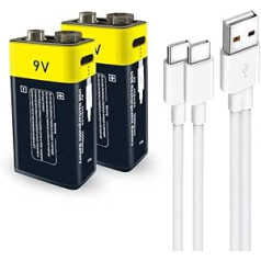 C tipo įkraunamos ličio baterijos 9 V, 1,5 V USB Li-Ion 9 V baterija, 650 mAh su C tipo įkrovimo laidu, greitas įkrovimas per 2 valandas, 2 vienetų pakuotė (9 V)