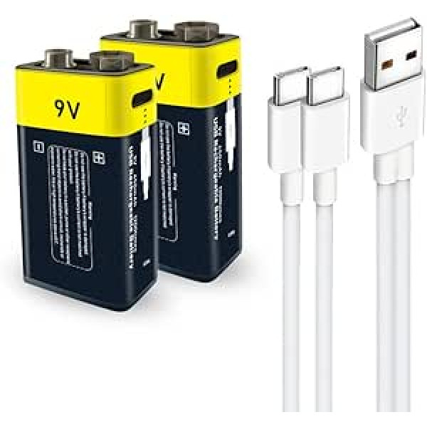 C tipa atkārtoti uzlādējami litija akumulatori 9 V, 1,5 V USB Li-Ion 9 V akumulators, atkārtoti uzlādējams, 650 mAh ar C tipa uzlādes kabeli, ātra uzlāde 2 stundās, 2 (9 V) iepakojums