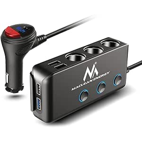 Maclean MCE218 3 fach KFZ-Verteiler Zigarettenanzünder adapteris 1xQC3.0 3xUSB Anschlüsse LED voltmetrs Max 120W Ladegerät Power Delivery 18W