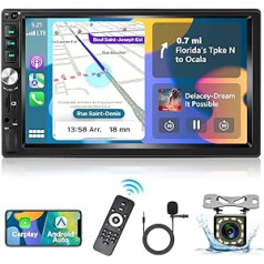 Podofo Car Radio 2 DIN ar Apple CarPlay, Android Car un Bluetooth, 7 collu automašīnas stereo radio ar HD ekrānu, spoguļa saiti/FM radio/stūres vadību + atpakaļgaitas kameru un mikrofonu