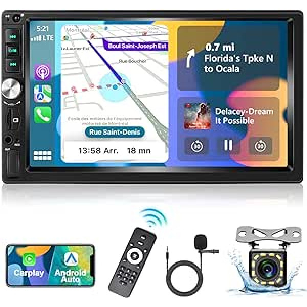 Podofo Car Radio 2 DIN ar Apple CarPlay, Android Car un Bluetooth, 7 collu automašīnas stereo radio ar HD ekrānu, spoguļa saiti/FM radio/stūres vadību + atpakaļgaitas kameru un mikrofonu