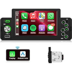 Podofo automašīnas radio 1DIN ar ekrānu 5 collu skārienekrāns bezvadu Carplay Bluetooth 5.0 automašīnas radio ar Android automašīnas spoguļa saiti ar atpakaļgaitas kameras USB/mikrofona/AUX/stūres vadību