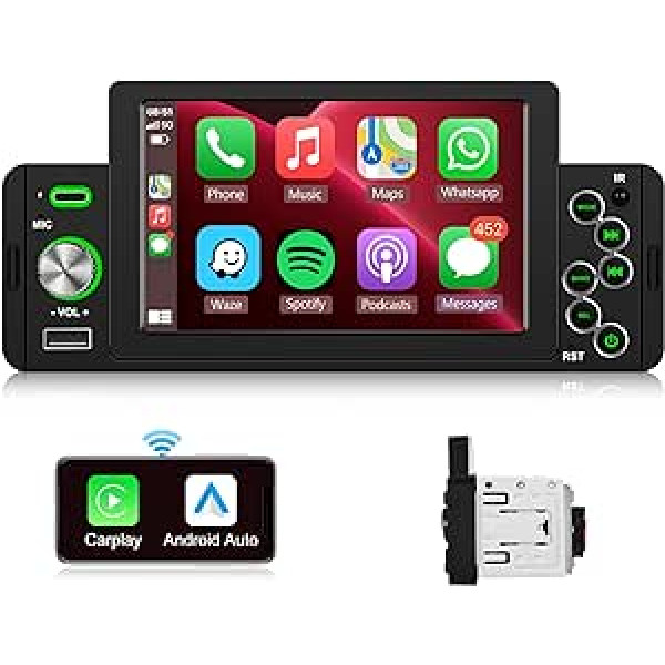 Podofo automašīnas radio 1DIN ar ekrānu 5 collu skārienekrāns bezvadu Carplay Bluetooth 5.0 automašīnas radio ar Android automašīnas spoguļa saiti ar atpakaļgaitas kameras USB/mikrofona/AUX/stūres vadību