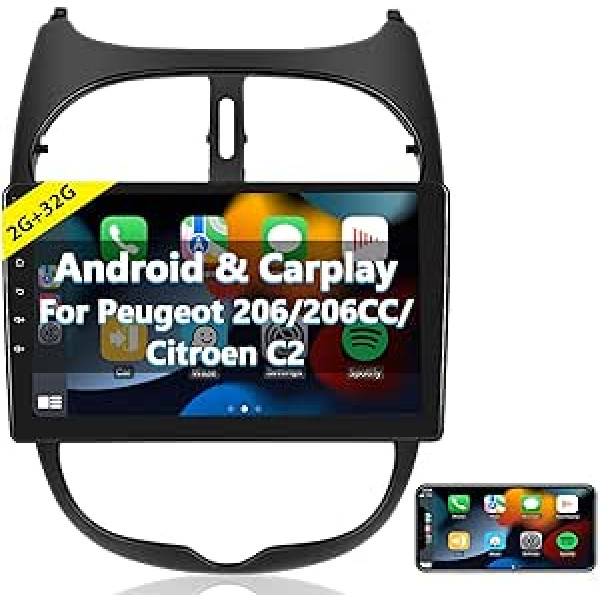 Podofo Carplay auto radio priekš Peugeot 206/206CC 2001-2016 Cirteon C2, Android 2G+32G HiFi, 9 collu skārienekrāns Android auto GPS navigācija WiFi Bluetooth FM RDS radio USB auto stereo atskaņotājs