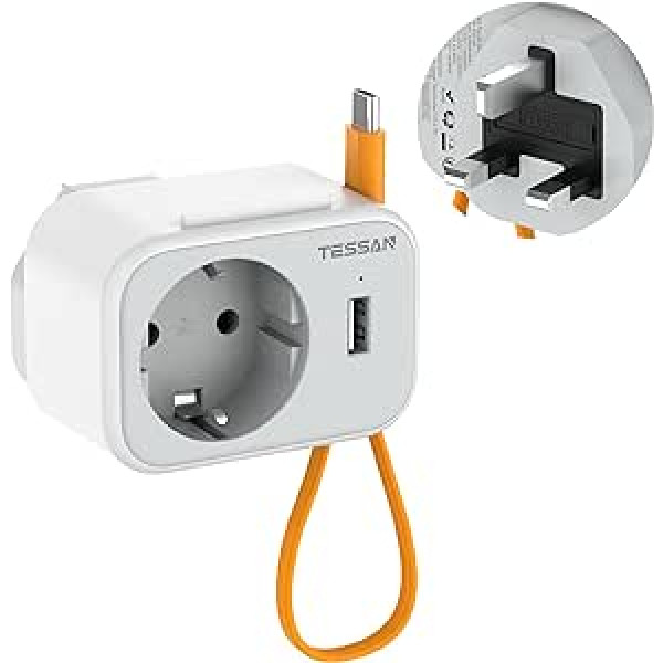 TESSAN adapteris Anglijai Vācijai spraudnis, ceļojumu adapteris Anglijai ar 15 cm USB C kabeli, 3 vienā ceļojumu spraudņa G tipa ligzdas adapteris Īrijai, Skotijai, Apvienotajai Karalistei Adapteris ES ar 1 maiņstrāvas un 1 USB