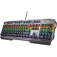 Trust Gaming GXT 877 Scarr Mechanische Gaming Tastatur QWERTZ Deutsches Layout (Lineare Mechanische Schalter, Metall hergestellte Oberplatte, 7 Farbmodi, Anti-Ghosting un N-Key-Rollover) Grau