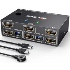 USB 3.0 HDMI KVM slēdzis 2 datori 2 monitori 4K @ 60Hz, 2K @ 144Hz, simulācijas EDID, ESKEVE divu monitoru KVM slēdzis ar 4 USB 3.0 pieslēgvietām 2 datora daļām, pele, tastatūra, kabeļa tālvadības pults un kabelis