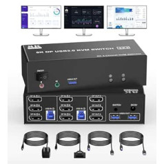 8K@60Hz Displayport KVM jungiklis 2 Kompiuteris 3 Monitoriai 8K 60Hz 4K 144Hz 120Hz DP1.4 USB 3.0 KVM jungikliai su 3 USB 3.0 prievadais, dviem kompiuteriams / nešiojamiesiems kompiuteriams Bendrinti trys monitoriai, klaviatūra, pelė, spausdintuvas, U-