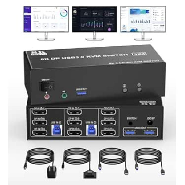 8K@60Hz Displayport KVM slēdzis 2 dators 3 monitori 8K 60Hz 4K 144Hz 120Hz DP1.4 USB 3.0 KVM slēdži ar 3 USB 3.0 pieslēgvietām, diviem personālajiem/klēpjdatoriem, koplietojiet trīs monitorus, tastatūru, peli, printeri, U-D