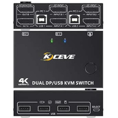 DP KVM slēdzis 2 dators 2 monitori, divi monitori Displayport USB KVM slēdzis diviem monitoriem, atbalsta 4K @ 60 Hz 2 datoriem, kas koplieto tastatūru, peli un monitoru