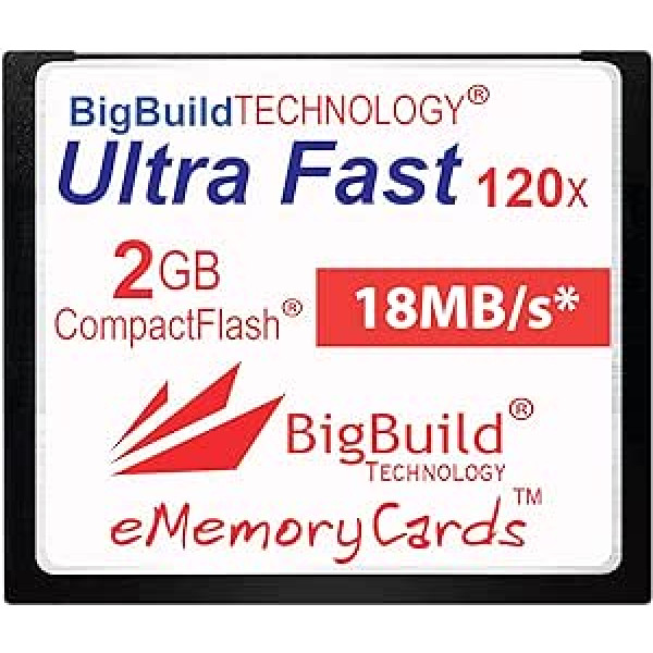 eMemoryCards 2GB īpaši ātra 18MB/s CompactFlash atmiņas karte, kas saderīga ar Canon 10D/20D/30D/40D/50D/1D/1Ds/5D/5Ds/7D Mark I/II/III/IV, Nikon D, Olympus E, Sony Alpha, Leica S kameras