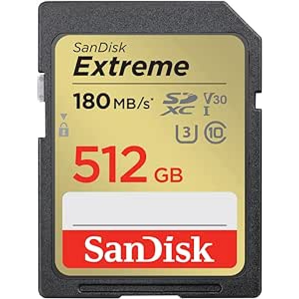 SanDisk Extreme SDXC UHS-I atmiņas karte 512 GB (V30, 180 MB/s pārraide, U3, 4K UHD video, SanDisk QuickFlow tehnoloģija, ūdensizturīga, triecienizturīga, temperatūras izturīga)