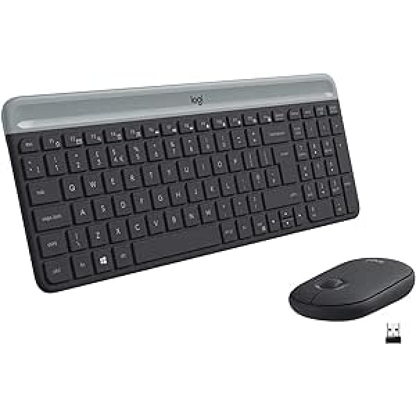 „Logitech MK470 Combo Slim“ belaidės klaviatūros ir pelės rinkinys, 2,4 GHz jungtis per nano USB imtuvą, 10 m diapazonas, 18 mėnesių baterijos veikimo laikas, kompiuteris / nešiojamas kompiuteris, itališkas QWERTY išdėstymas – juodas / gra