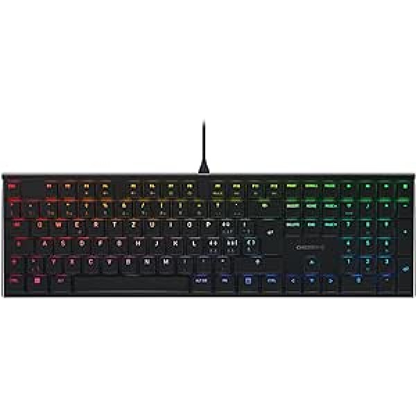 CHERRY MX 10.0N RGB, Šveices izkārtojums, QWERTZ tastatūra, vadu tastatūra, mehāniskā spēļu tastatūra, MX zema profila RGB ātruma slēdži, melns