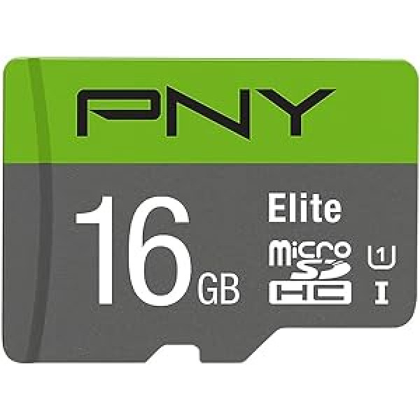 PNY Elite microSDHC atmiņas karte 16 GB + SD adapteris 100 MB/s lasīšanas ātruma klase 10 UHS-I U1 Full HD video melnā un zaļā krāsā