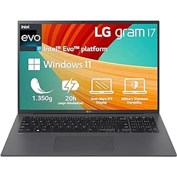 2023 LG gram 17 Inch Ultralight Notebook - 1,350 g Intel Core i7 Laptop (16GB RAM, 512GB SSD, 20h Battery Life, 16:10 Anti-Reflective IPS Display, Thunderbolt 4, Win 11 Home, Mirametrix) - Grey