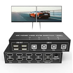 Divu monitoru HDMI KVM slēdzis 4 ports, UHD 4K @ 60 Hz USB KVM slēdzis 2 monitori 4 datora KVM slēdzis HDMI 4 in 2 Out PC monitors tastatūras peles pārslēdzējs ar 4 USB kabeļiem USB barošanas kabeļa kontrolieris