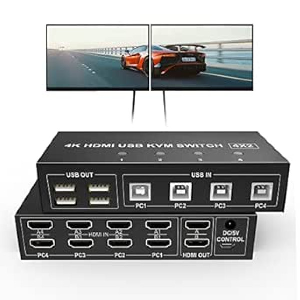 Divu monitoru HDMI KVM slēdzis 4 ports, UHD 4K @ 60 Hz USB KVM slēdzis 2 monitori 4 datora KVM slēdzis HDMI 4 in 2 Out PC monitors tastatūras peles pārslēdzējs ar 4 USB kabeļiem USB barošanas kabeļa kontrolieris