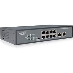 DIGITUS Fast Ethernet PoE+ tīkla slēdzis — 19 collas — 8 pieslēgvietas + 2 x augšsaites RJ45 — IEEE802.3af/at – 120 W jaudas budžets — melns