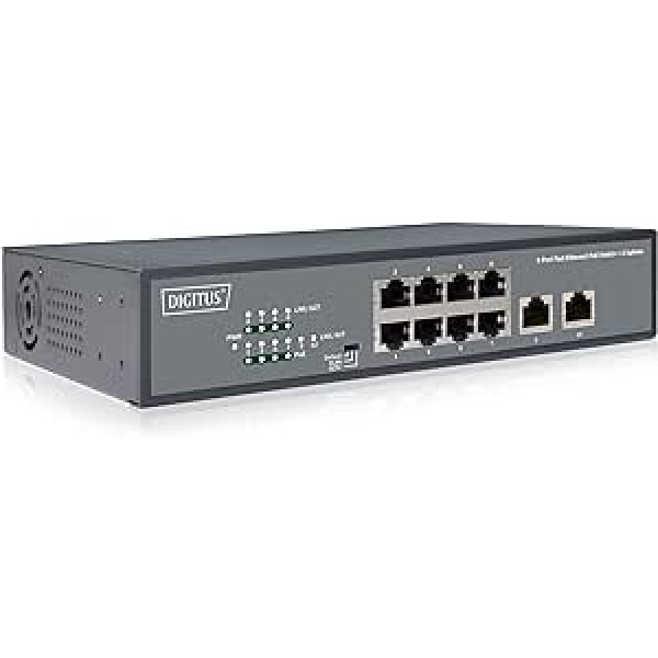 DIGITUS Fast Ethernet PoE+ Network Switch - 19 Inch - 8 Ports + 2x Uplink RJ45 - IEEE802.3af/at - 120W Power Budget - Black
