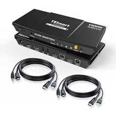 TESmart HDMI KVM slēdzis, 2 datoru 1 monitora slēdzis 4K 60 Hz ar kabeli x 2, EDID emulators, audio nosūcējs, USB 2.0 tastatūrai, pelei, skenerim, printerim, 2 vienā izejas KVM slēdzis, karsto taustiņu un pogu pārslēdzējs