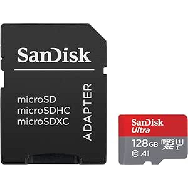 SanDisk Ultra 128GB microSDXC atmiņas karte + SD adapteris ar A1 lietotnes veiktspēju līdz 120 MB/s, 10. klase, UHS-I