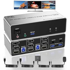 HDMI + 2 Displayport USB 3.0 KVM slēdzis 3 monitori 2 datori, 8K@60Hz KVM slēdzis Trīskāršs monitors 2 dators, 3 portu KVM 2 datoriem ar 3 USB 3.0 un audio mikrofona izejas slēdzi