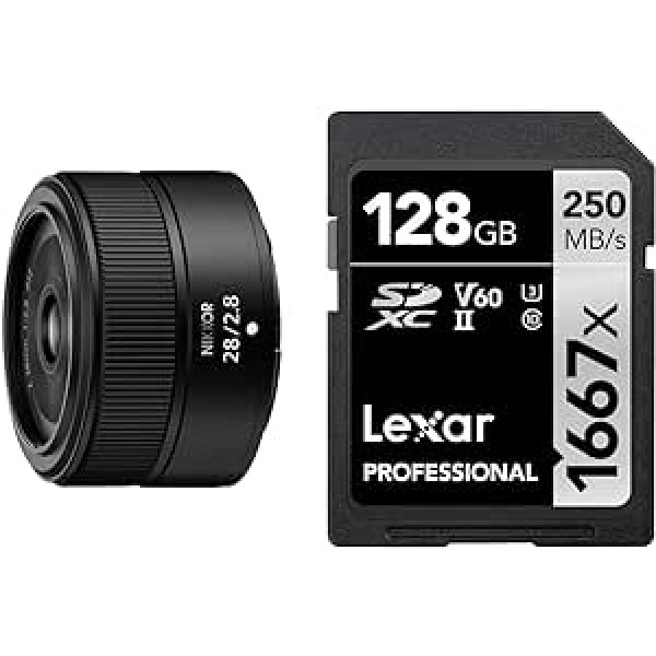 Nikon Nikkor Z 28mm f/2.8, Black & Lexar Professional 1667x SD Card 128GB, Memory Card SDXC UHS-II, Up to 250MB/s Reading, for Professional Photographers, Videographers, Enthusiasts (LSD128CB1667)