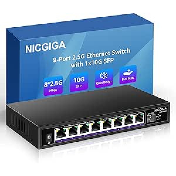 NICGIGA 8 portu 2,5 G Ethernet slēdzis ar 10 G SFP upsaiti, nepārvaldīts 2,5 Gb tīkla slēdzis, Plug & Play, montāža uz darbvirsmas/sienas, metāla dizains bez ventilatora