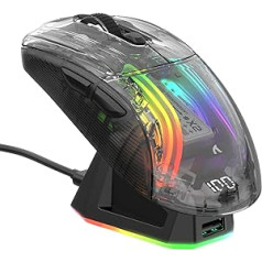 Bezvadu spēļu pele ATTACK SHARK X2 Pro ar uzlādes staciju, klusā trīsrežīmu pele (BT5.0/2.4G Wireless/C tips), 4000 DPI RGB Bluetooth pele, uzlādējama, caurspīdīgs apvalks, PC/MAC, melns