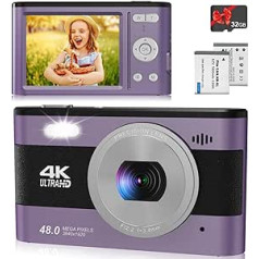 4K digitālā kamera 48MP fotoattēli/1080P FHD video/2,8 collu ekrāns/18x tālummaiņa, kompakta digitālā kamera ar SD karti, kamera bērniem/bērniem/pusaudžiem/studentiem/iesācējiem