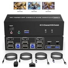 Trīs monitori KVM slēdža displeja ports + 2 HDMI, 4K @ 60 Hz KVM slēdzis HDMI 2.0+DP 1.2 2 datoriem 3 monitori, KVM slēdži ar 3 USB 3.0 portiem un audio mikrofons 2 datoriem, koplietošanas pele, tastatūra