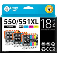 Smart Ink saderīgas printeru kasetnes, kas paredzētas Canon PGI 550XL 550 XL CLI 551XL 551 (6 PGBK un 3BK/C/M/Y 18 Multipack) aizstāšanai, kas paredzētas Canon PIXMA iX6850 MG5650 MX725 MG5650 MX725 MG545MG0P0725MG54500PGI