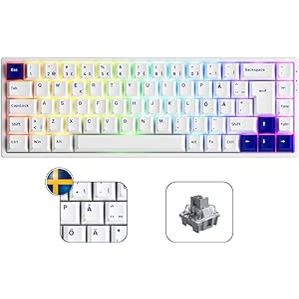 Akko Blue White 3068B Plus RGB Mechanical Gaming Keyboard, Nordic Layout, 3 Modes Portable Wireless Keyboard, 5 Pin Hot Swap, Cherry PBT Keycap, 100% Anti-Ghosting (Speed Silver)