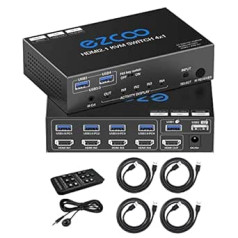 8K HDMI 2.1 KVM Switch USB 3.0 4 porti ar karsto taustiņu 8K @ 60Hz 4K @ 120Hz 48Gbps Kopīgojiet 4 datorus ar tastatūras peli HDR D-olby Vision HDCP2.2 tālvadības pults USB 3.0 kabelis x 4