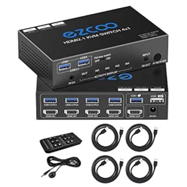 8K HDMI 2.1 KVM Switch USB 3.0 4 Ports with Hotkey 8K @ 60Hz 4K @ 120Hz 48Gbps Share 4 Computers with a Keyboard Mous HDR D-olby Vision HDCP2.2 Remote Control USB 3.0 Cable x 4