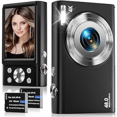 Digitālā kamera, 4K autofokusa fotokamera HD 48MP ar 2,8 collu lielu ekrānu, 16X digitālā tālummaiņa, kompakta kamera fotografēšanai, kamera pusaudžiem, pieaugušajiem, iesācējiem (melna)