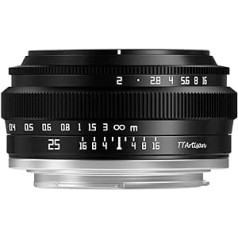 TTTartisan APS-C 25 mm F2 metāla korpuss, kas saderīgs ar Fuji X stiprinājumu — melns