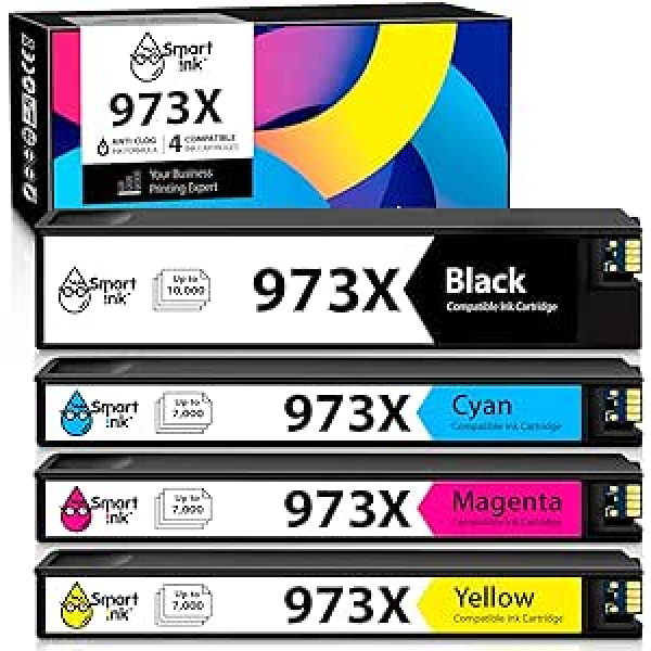 Smart Ink saderīgas printeru kasetnes, kas saderīgas ar HP 973X 973 XL 4 Multipack (melns, zils, sarkans, dzeltens) Saderīgs ar PageWide Pro 477dw 577dw 452dw 477dn 452dn 577z 552dw P5 printeris