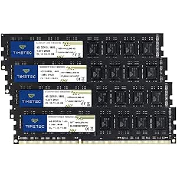 Timetec 16GB KIT (4x4GB) DDR3L 1600MHz PC3L-12800/PC3-12800 be ECC Nebuferinis 1.35V/1.5V CL11 2Rx8 Dviejų rangų 240Pin UDIMM Stalinio kompiuterio atmintis RAM (x16GBle GB)