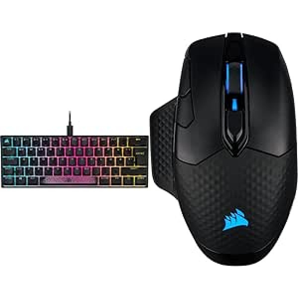 Corsair K65 RGB Mini 60% mehāniskā spēļu tastatūra, QWERTZ, Black & Dark Core RGB PRO bezvadu spēļu pele (18K DPI sensors, ātrs reakcijas laiks, astoņas programmējamas pogas) melna