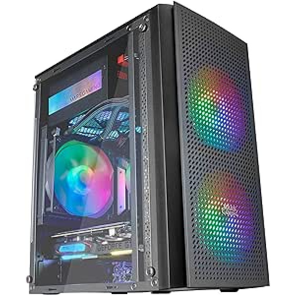 Mars Gaming MC300 Micro-ATX datora korpuss, melns, rūdīts stikls, sieta priekšpuse, 3 x FRGB ventilatori