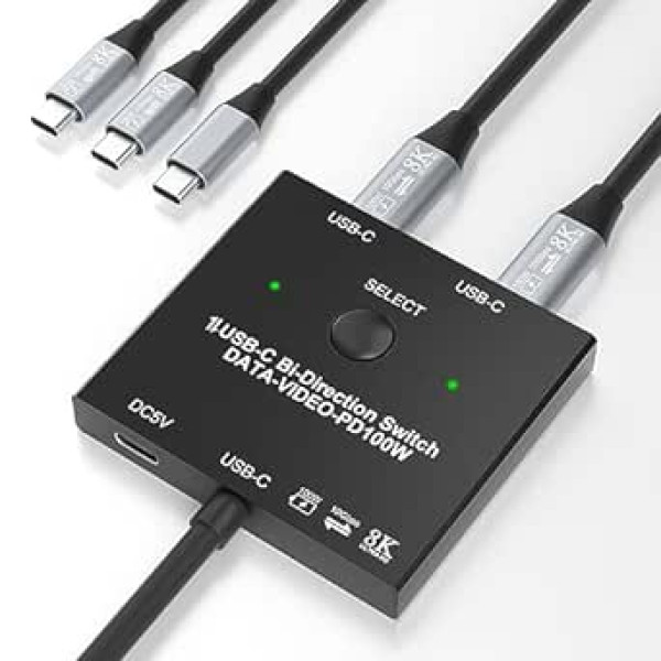 8K USB C slēdzis, USB C slēdzis 2 datoriem divvirzienu, USB C KVM slēdzis ar vadu tālvadības pulti un 2 USB-C kabeļiem, 100 W uzlādei + 10 Gbps datu + video pārraidei, 8K @ 60 Hz/4K @